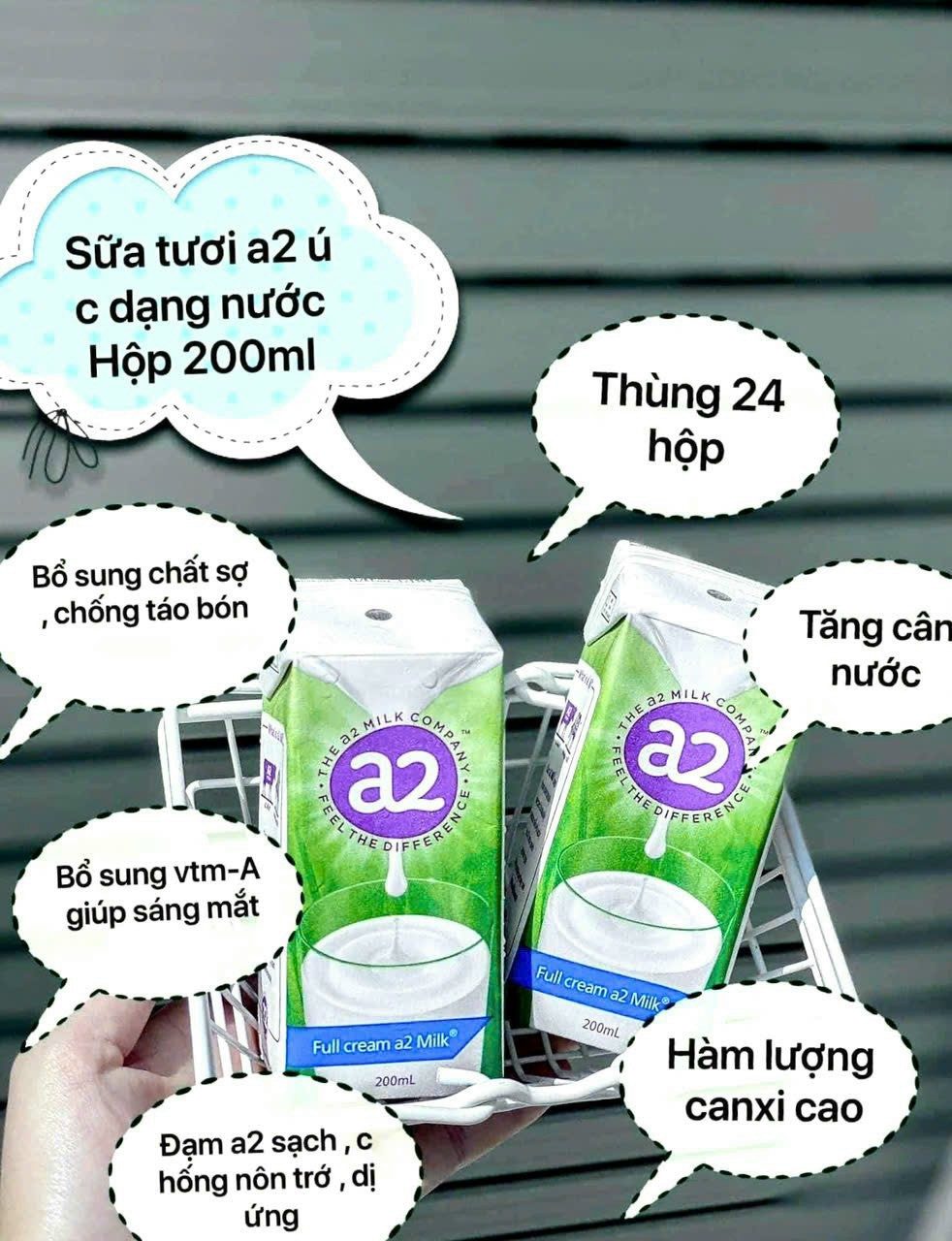 Thùng 24 hộp Sữa tươi A2 nguyên kem dạng nước 200ml Úc